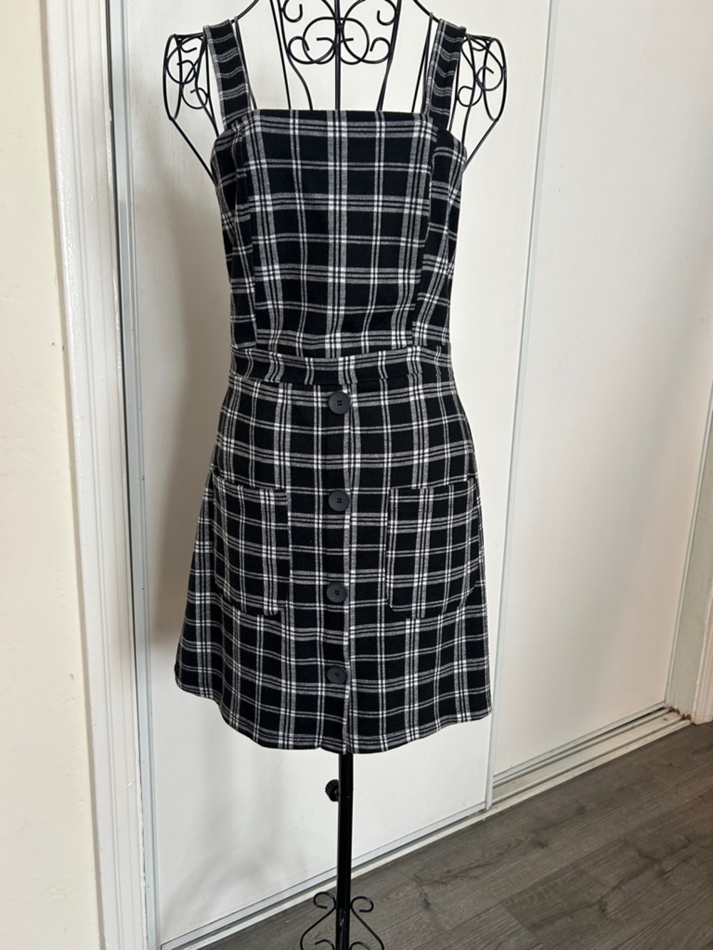 Bershka Black & White Plaid Button-Front Mini Dress Size S